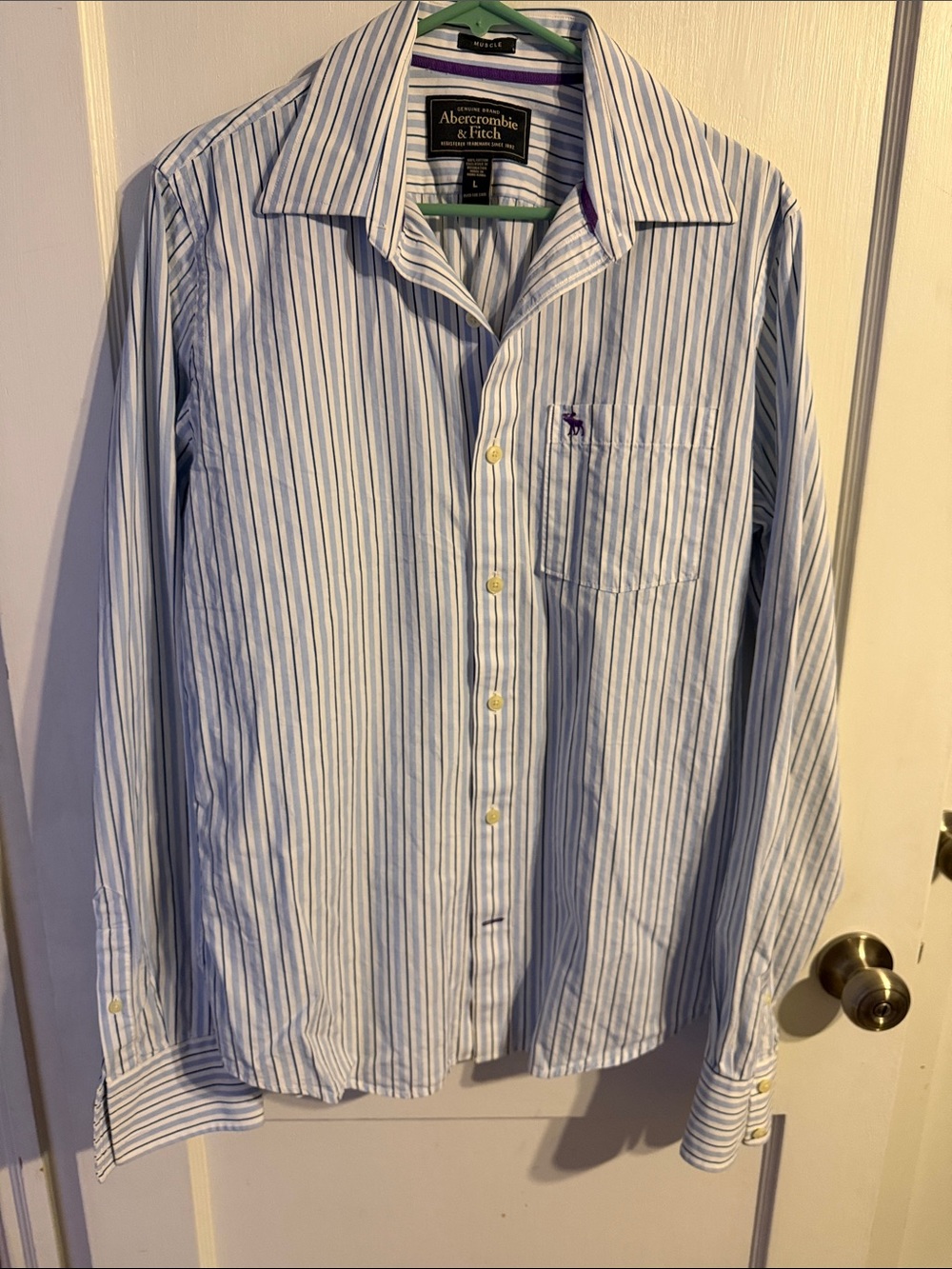 Abercrombie & Fitch Light Blue and White Striped Button-Up Shirt